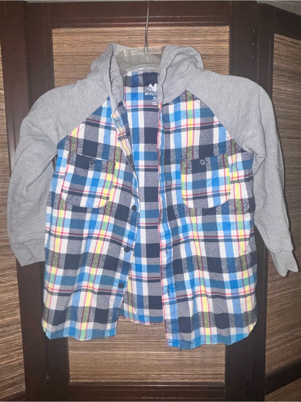 Kids Hooded Plaid Button-Down Shirt Jacket - Blue & Gray